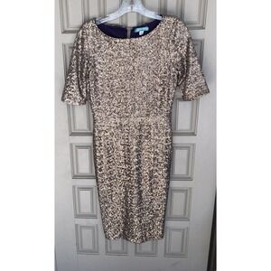 VTG Golden Sequin Dress Pim & Larkin SzS Gold 1/2 Sleeve Knee Length Fitted